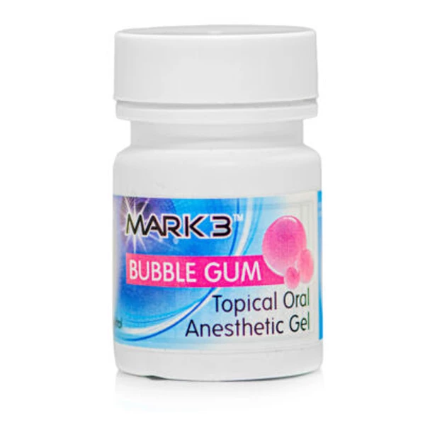 MARK3 Bubble-Gum Topical Anesthetic Gel (Benzocaine 20%), 1 oz. Jar. MARK3 Bubble-Gum Topical Anesthetic Gel (Benzocaine 20%), 1 oz. Jar.