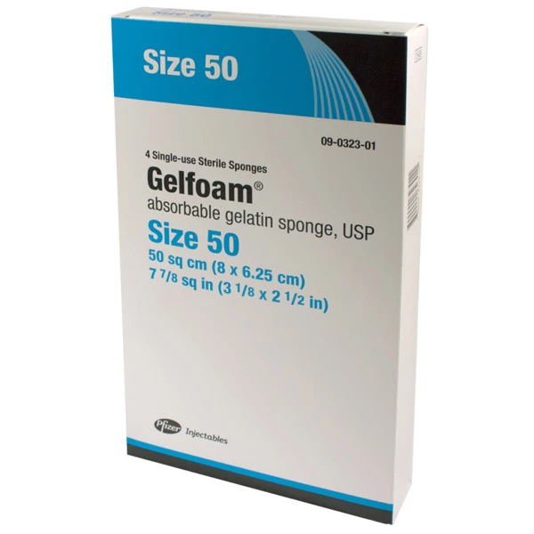 GelFoam Sponges in envelopes, Sterile, Size 50 sq cm (8 x 6.25 cm) x 10 mm