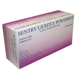 Sentry Latex Gloves: X-SMALL 100/Bx. Lightly Powdered, Non-Sterile. Easy