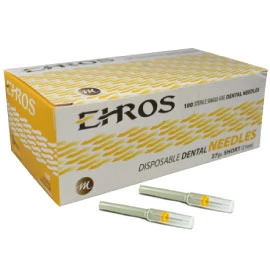 Ehros Disposable Dental Needle, 27 Gauge Short 1", 100/Bx. Yellow hub, Sterile