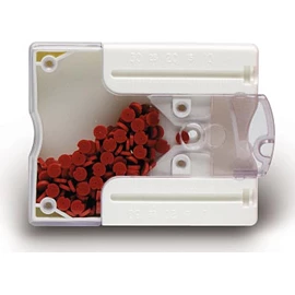 True Stop Endo-Stops mit Spender, Rostfarbe, runde Stops mit 1 mm Dicke.
