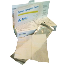 Soluble Hemostatic Gauze EMED Pad 4" x 4" 5/Bx. Sterile, made from oxidized