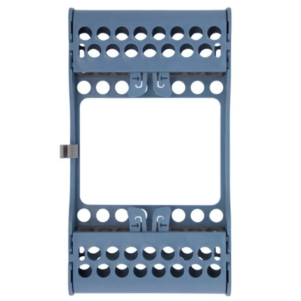 Soporte de instrumentos E-Z Jett Cassette 8, azul, de parte abierta, con agujeros redondos y bordes redondeados.