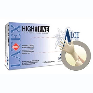 Guante de látex A+ Aloe High Five: PEQUEÑO 100/caja. Sin polvo, texturizado, con aloe.