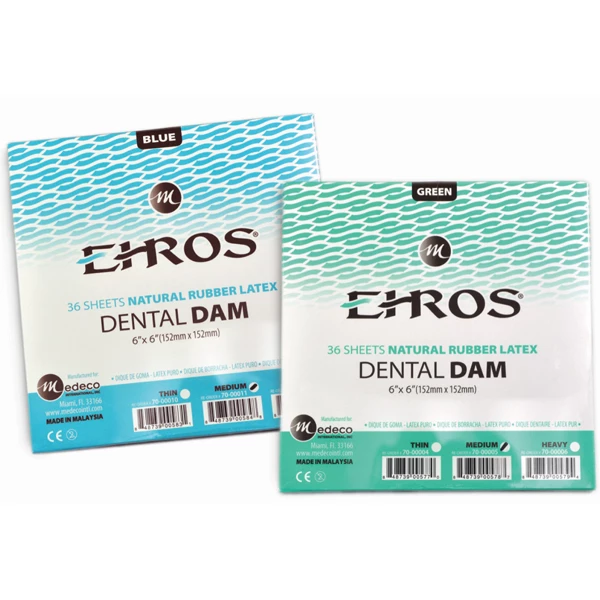 Ehros damas dentales de goma verde de 6" x 6" de grosor medio con aroma a menta, paquete de 36. Ehros damas dentales de goma verde de 6" x 6" de grosor medio con aroma a menta, paquete de 36.