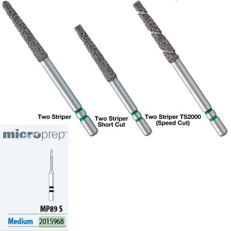 Dos fresas de diamante de medio grano ShortCut FGSS MP 89 S de dos estrías, Micro-Prep, de vástago corto.