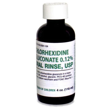 Enxaguante Bucal de Gluconato de Clorexidina 0,12% da Marca Própria, 120 ml. Caixa com 48 unidades.