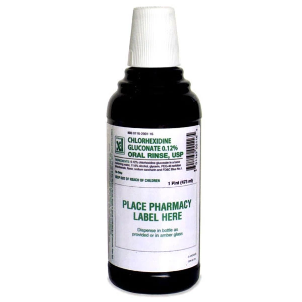 Enjuague bucal de gluconato de clorhexidina al 0.12% de marca propia, botella de 16 oz, 12 por caja.