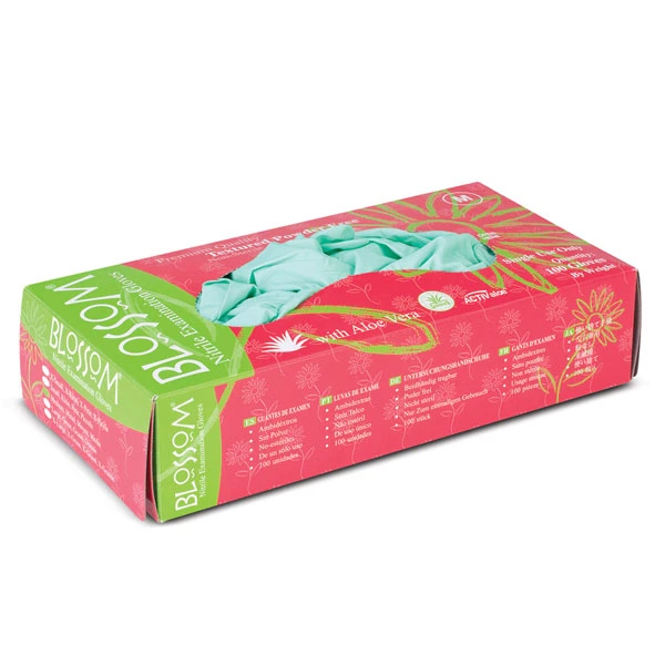 Blossom Nitrile Gloves with Aloe Vera: MEDIUM 100/Bx. Green, Powder-Free