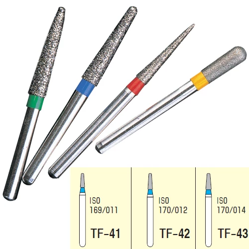Osung FG TF-41 Taper Flat End shape multi-use diamond burs, Standard grit, pack