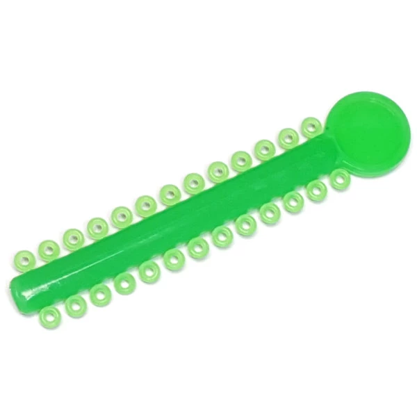 Ligaduras ortodónticas OrthoExtent color verde neón. 26 ligaduras en cada palito. 1040.