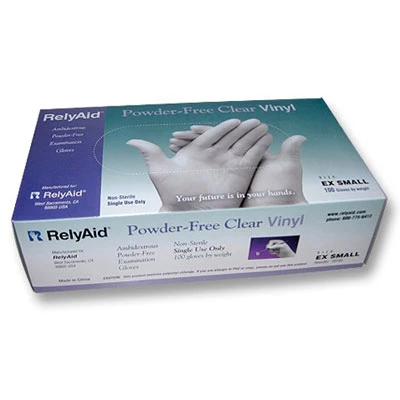 RelyAid Vinyl Exam Gloves - X-SMALL 100/Bx. Powder-Free, Smooth, Clear