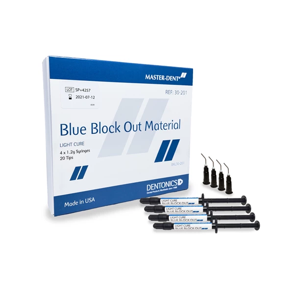 Paquete de jeringa de material bloqueador azul de curado por luz Master-Dent, 4 - 1.2 gramos.