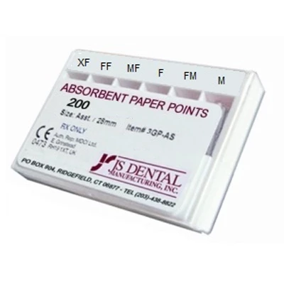 Puntas de papel absorbente JS Dental XX-FINO, blancas, enrolladas a mano, caja de 200 puntos.