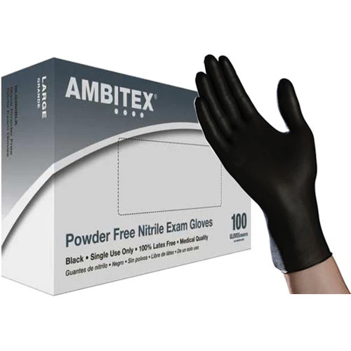 Guantes de examen de nitrilo Ambitex: TAMAÑO GRANDE, sin polvo, negros, 100/paquete. Texturizados.