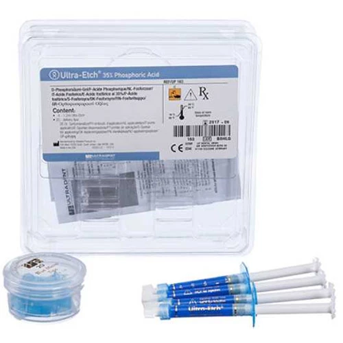 Kit Ultra-Etch: 4 jeringas de 1.2 ml y 20 puntas micro azules. Ácido fosfórico al 35%.