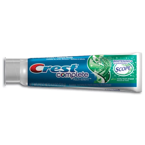 Pasta de dientes Crest Complete Multi-Benefit Blanqueadora con Scope, tubos de 0.85 oz, caja.
