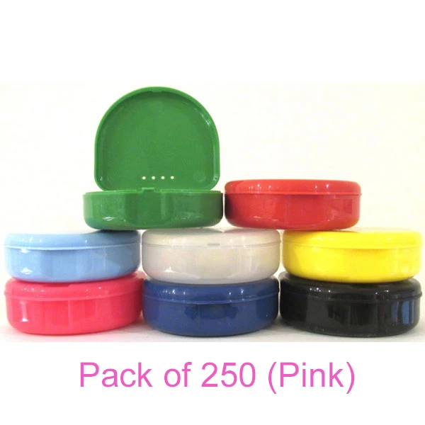 Cajas para retenedores TOL PINK, 250/paquete a granel. Plástico con tapa con bisagra, 3" de ancho x 1" de alto.
