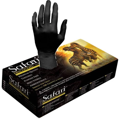 Safari Latex Exam Gloves: LARGE, 100/box. Black color, powder-free, textured