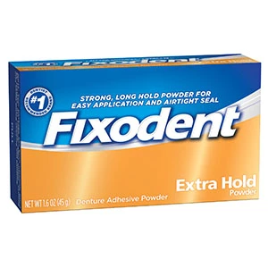 Fixodent Extra Hold Pulver, 45 g, 24/Pack. Es ist ein Haftmittel für Zahnprothesen.