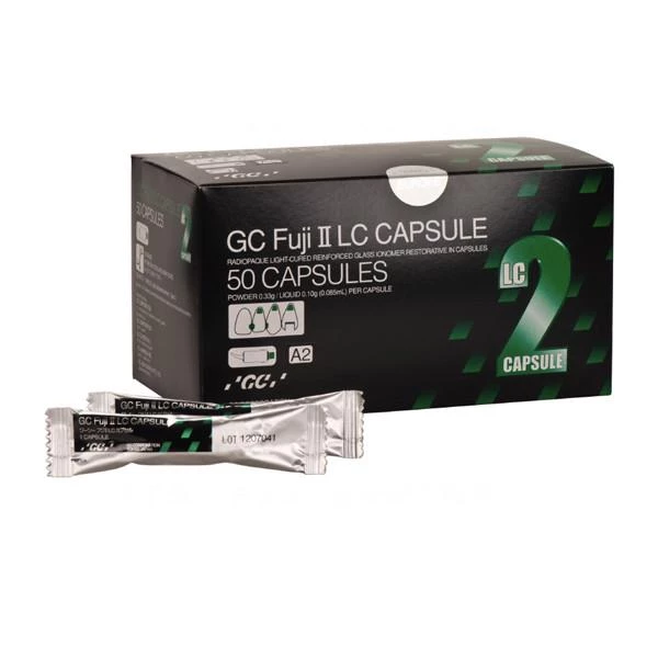 Capsule GC Fuji II LC A2, 50/Pk. PACCHETTO DI ESPORTAZIONE. Resina rinforzata fotopolimerizzabile.