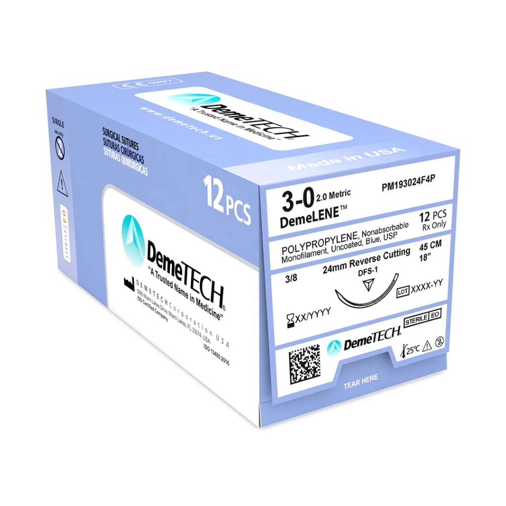 DemeLENE 3/0 Polypropylene Non-Absorbable Suture, 18", Blue, 12/Box