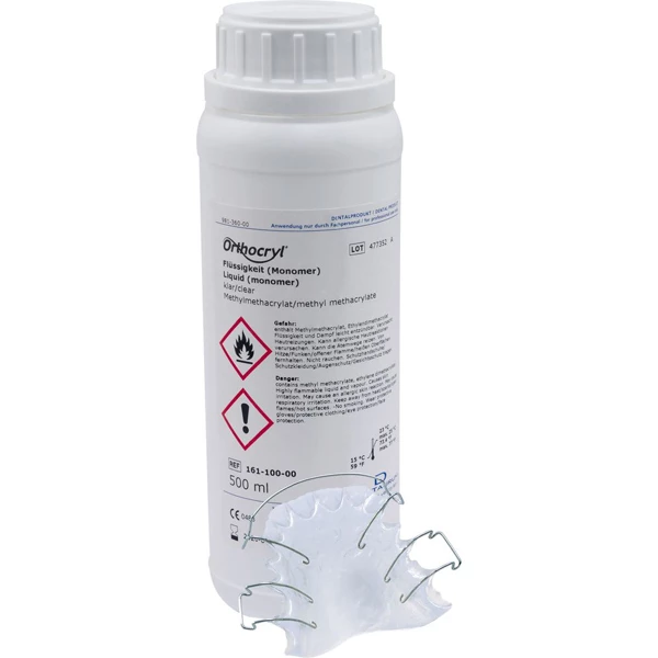 Resina líquida de curado en frío Orthocryl, transparente, botella de 500 ml.