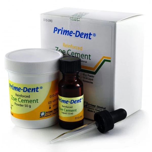 Kit di cemento Prime-Dent in ossido di zinco eugenolo: 21 g di polvere e 15 ml di liquido.