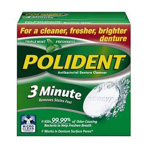 Tabletas limpiadoras para dentaduras Polident de 3 minutos, caja de 12 - 40 tabletas/caja. Tres