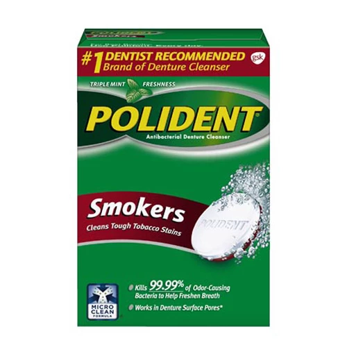 Polident Prothesenreiniger für Raucher, Karton mit 6 - 84 Tabletten/Box. Bekämpft