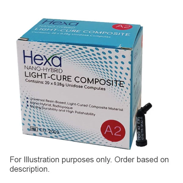 Compuesto nano-híbrido de curado por luz Hexa - B2, 20 x 0.28 g compresas unidose.