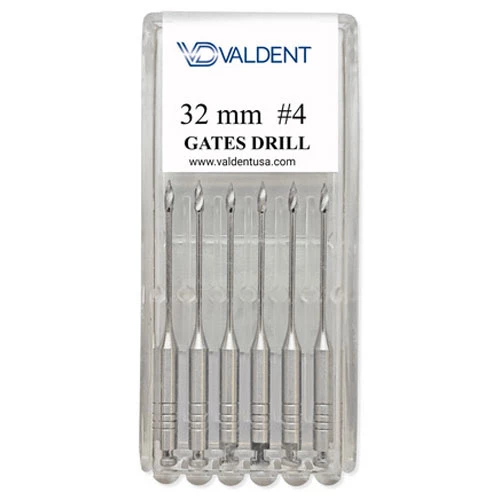 Broca Gates Glidden #4 Valdent USA, 32mm, 6/unidade, aço inoxidável de alto carbono.