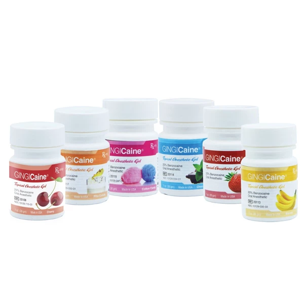 Gel anestésico tópico Gingicaine 20% Benzocaína, sabores variados, frascos de 1 oz, 6 por caja.