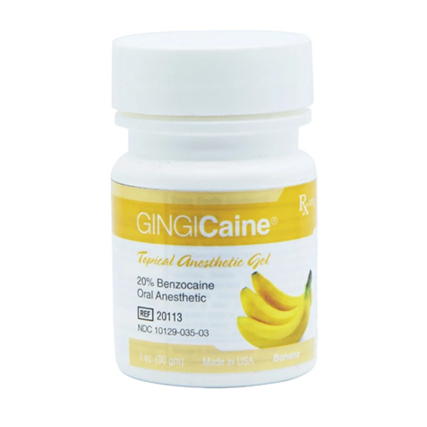 Gingicaine anestésico tópico com sabor de banana (Benzocaína 20%) gel, pote de 1 onça.