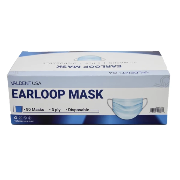 Mascarilla con lazo de oreja plisado Valdent USA - Azul, 50/paquete. Resistente a fluidos, suave, de 3 capas.