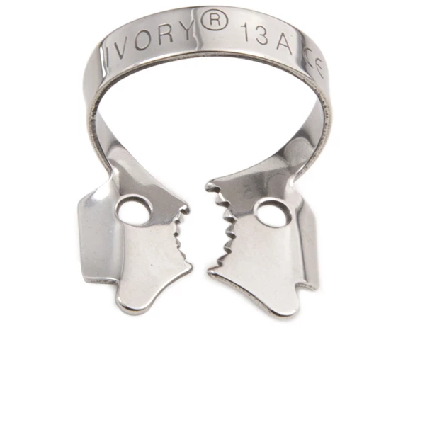 Garras de Marfim #13A com Asa e Mandíbula Serrilhada, Dente Molar Superior Direito, Dique de Borracha Metálico.
