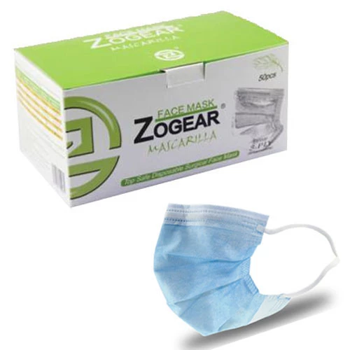 Mascarilla Zogear con gancho para la oreja - Azul, 4 x 50/caja. Resistente a fluidos, de 3 capas, BFE > 99%.