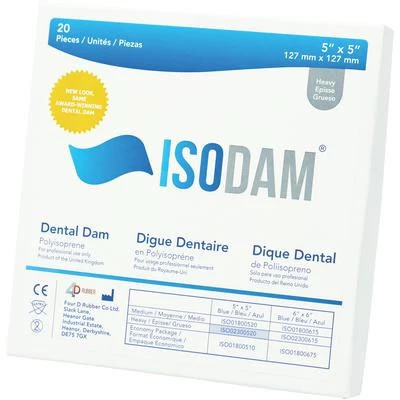 IsoDam 5" x 5" Dique dental pesado azul sin látex, paquete de 20.