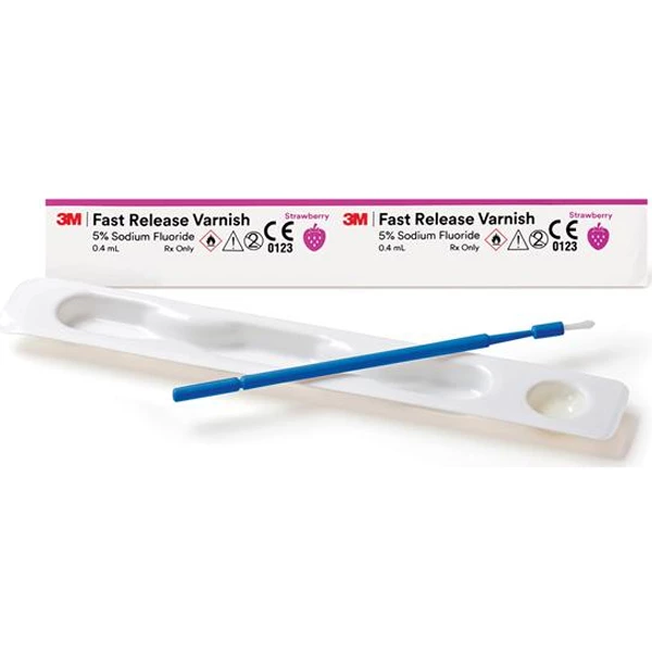Barniz de fluoruro de sodio al 5% 3M Fast Release, sabor fresa, dosis unitaria de 0.4 mL, 200 por paquete.
